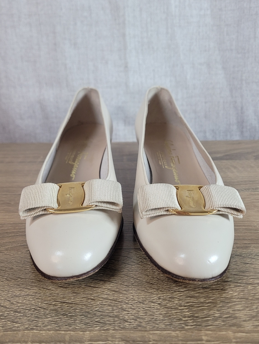 Salvatore Ferragamo Vara Cream Flats with Gold Accent